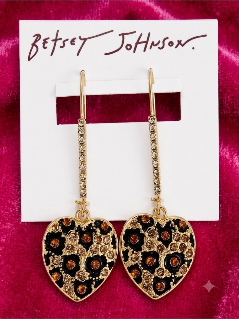 Betsey Johnson Gold Tone Black & Amber Leopard Animal Print Heart Earrings NWT